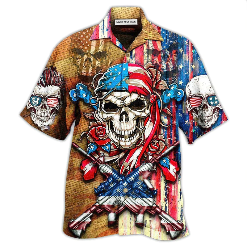 Skull Patriotic Flower America - Hawaiian Shirt