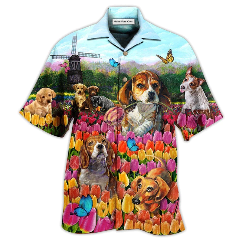 Dogs Lovely Romantic Tulip Garden - Hawaiian Shirt