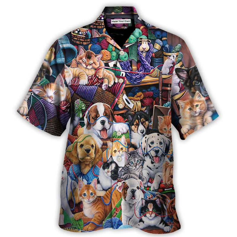 Dog And Cat Play Yarn Together - Hawaiian Shirt