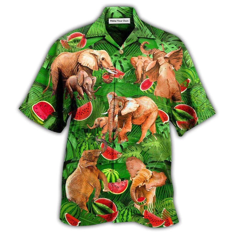 Elephant Funky Watermelon With Elephants Green Leaves - Hawaiian Shirt