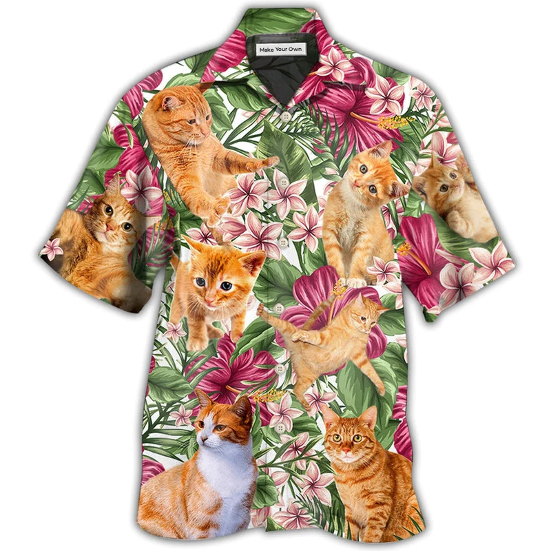 Cat Tropical Floral Orange Cat - Hawaiian Shirt