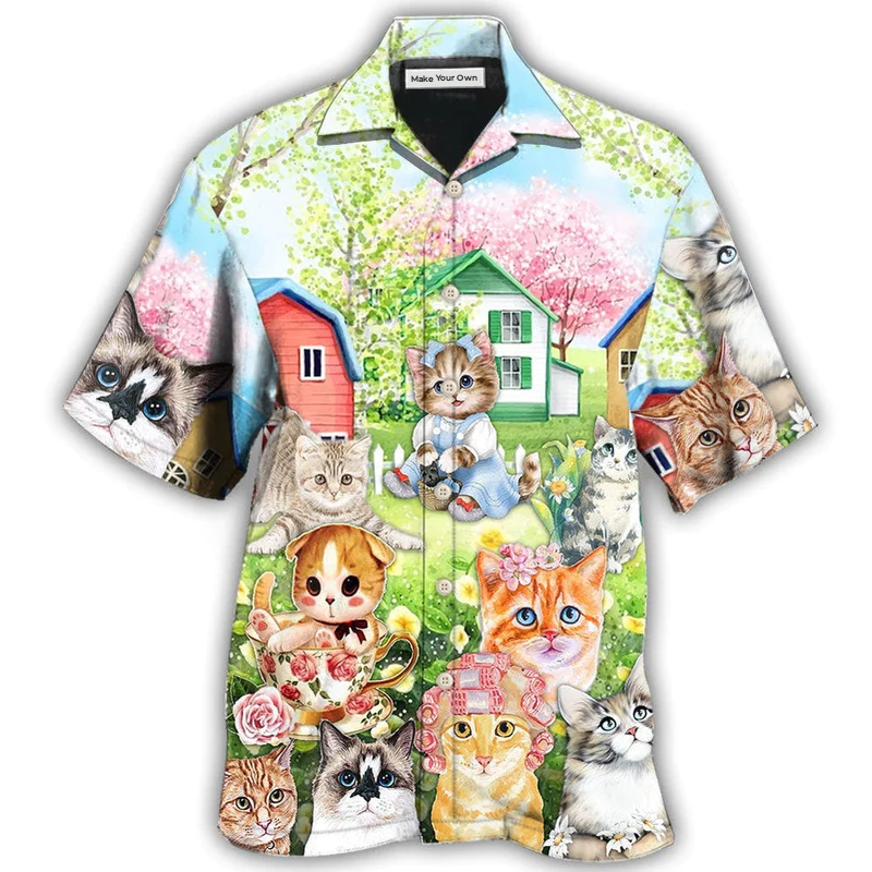 Cat Flowers And Lovely House Art - Hawaiian Shirt