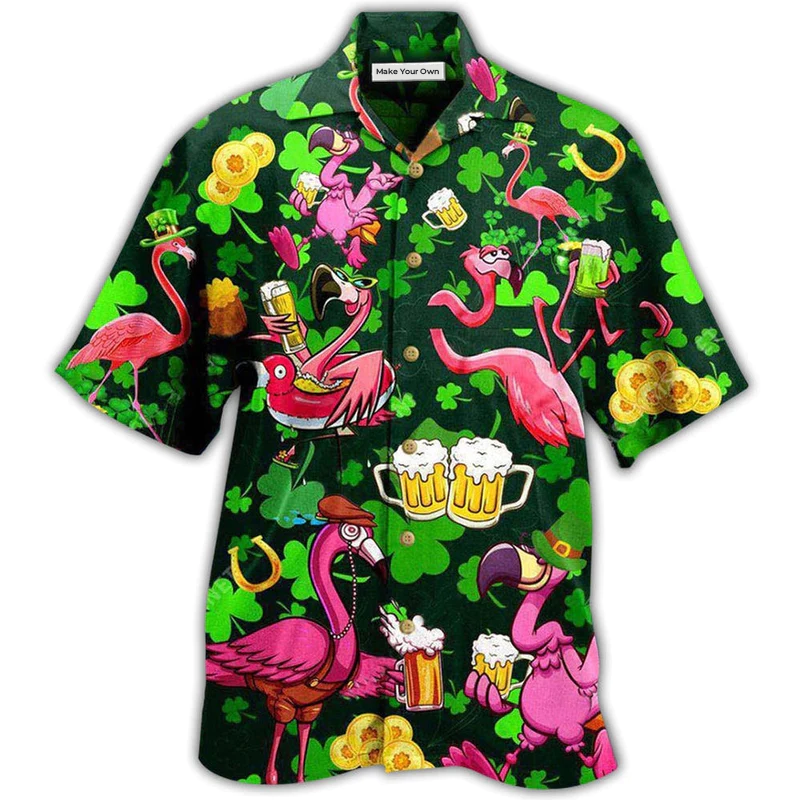 Irish Pink Flamingos Drink Beer Patricks Day Pattern - Hawaiian Shirt